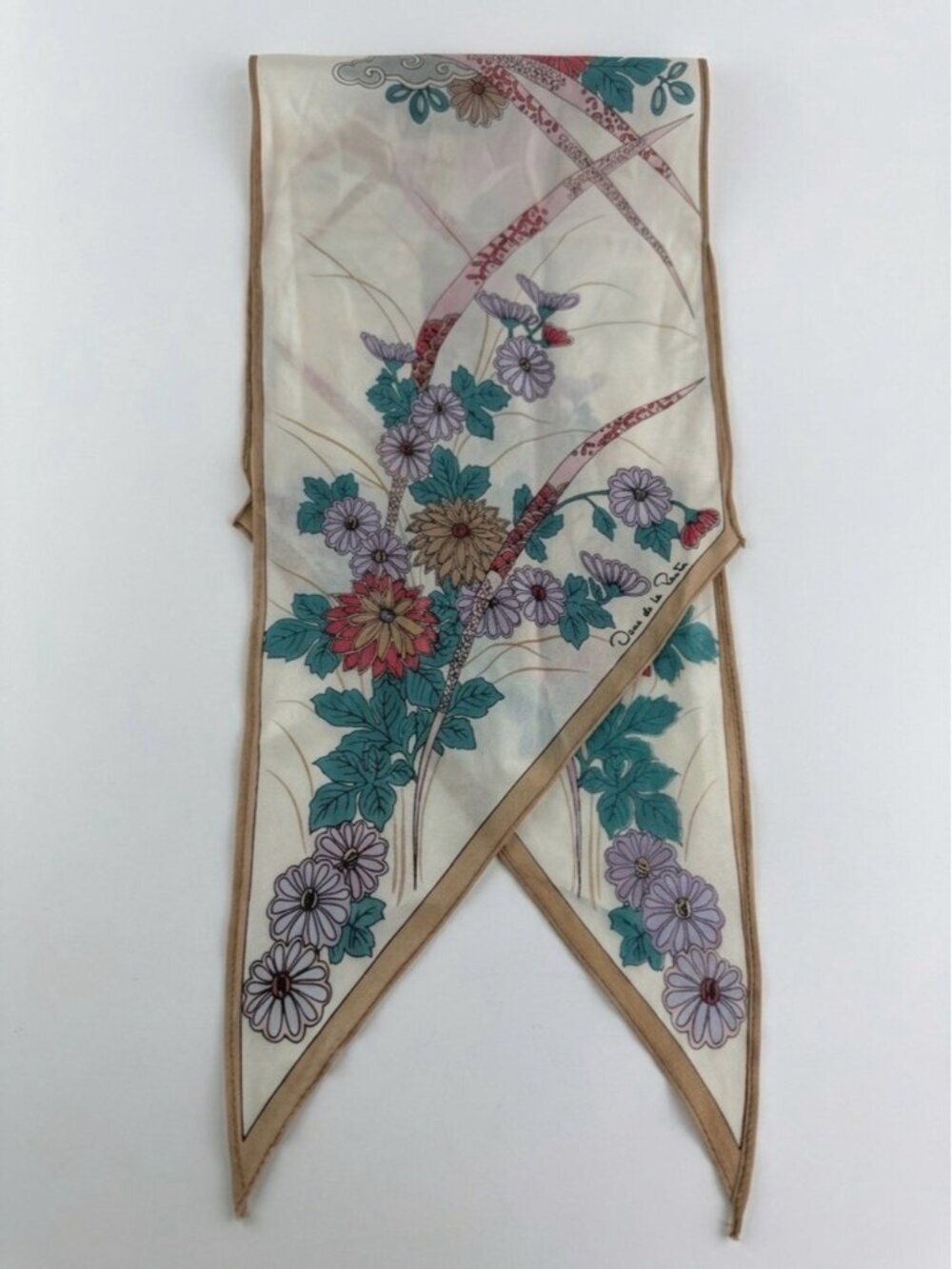 Vintage Oscar De La Renta Floral Skinny Scarf with Pointed Ends 70 x 6.5”